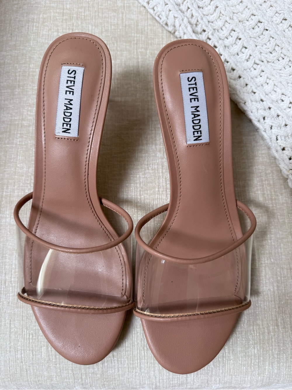 Steve Madden Blush Tan Clear Strap Slide Heels